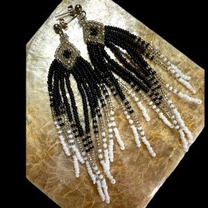 Handmade Long Beaded Earrings - Native Bohemian jewelry - black, silver, & white